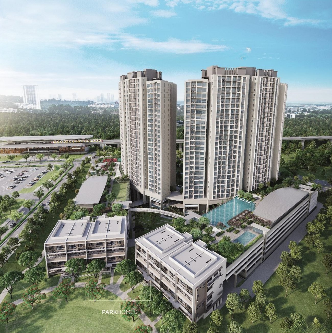 Aerial artist's impression showing the Linari Parkhomes townhouses beside the towers