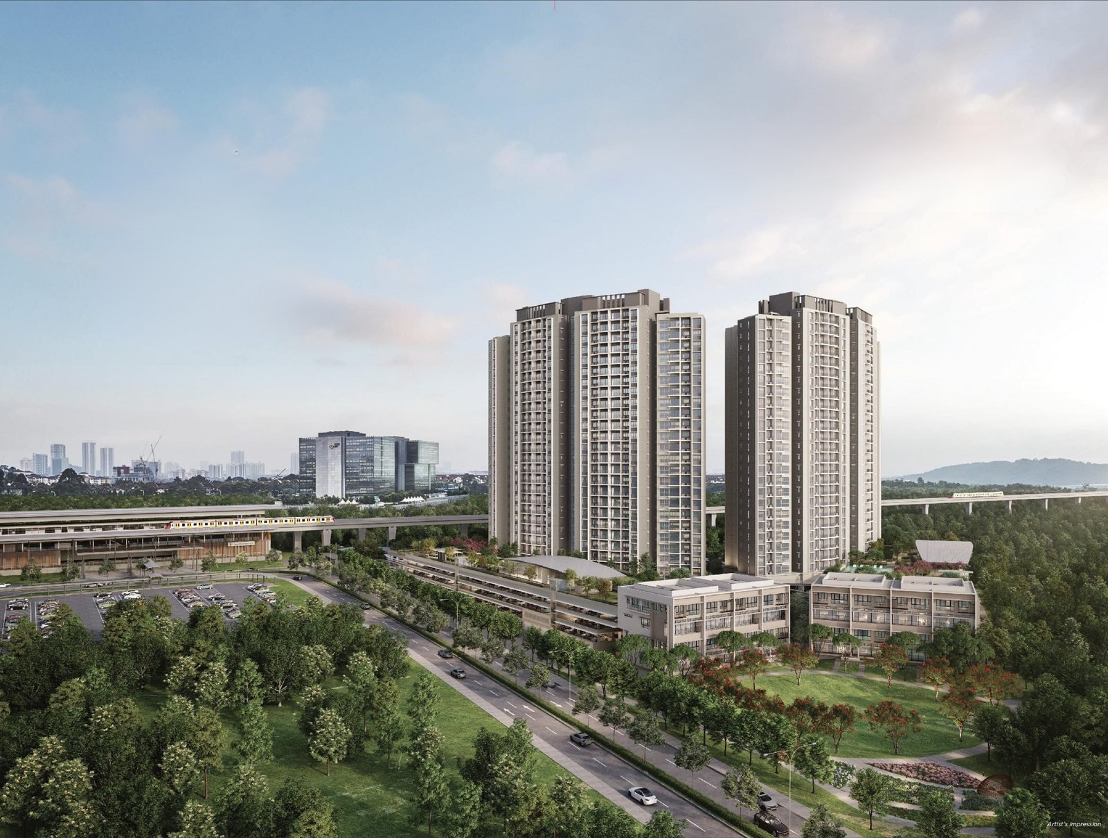Aerial artist's impression of Linari Kwasa Damansara beside the elevated MRT line