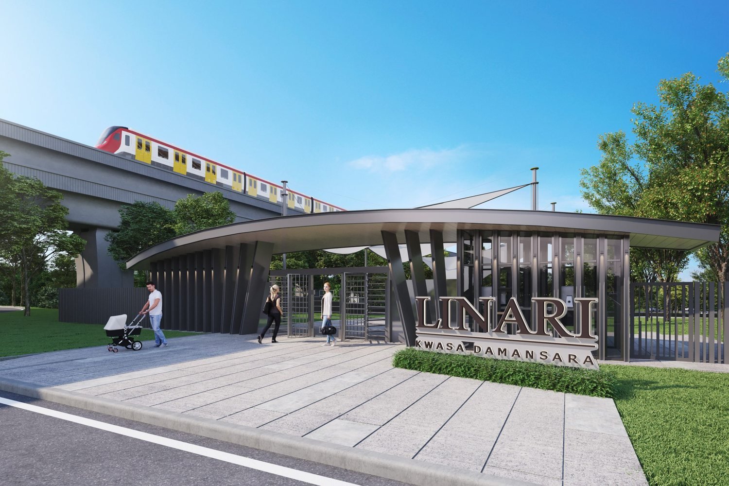 Artist's impression of the private pedestrian gateway at Linari Kwasa Damansara, with an MRT train passing above