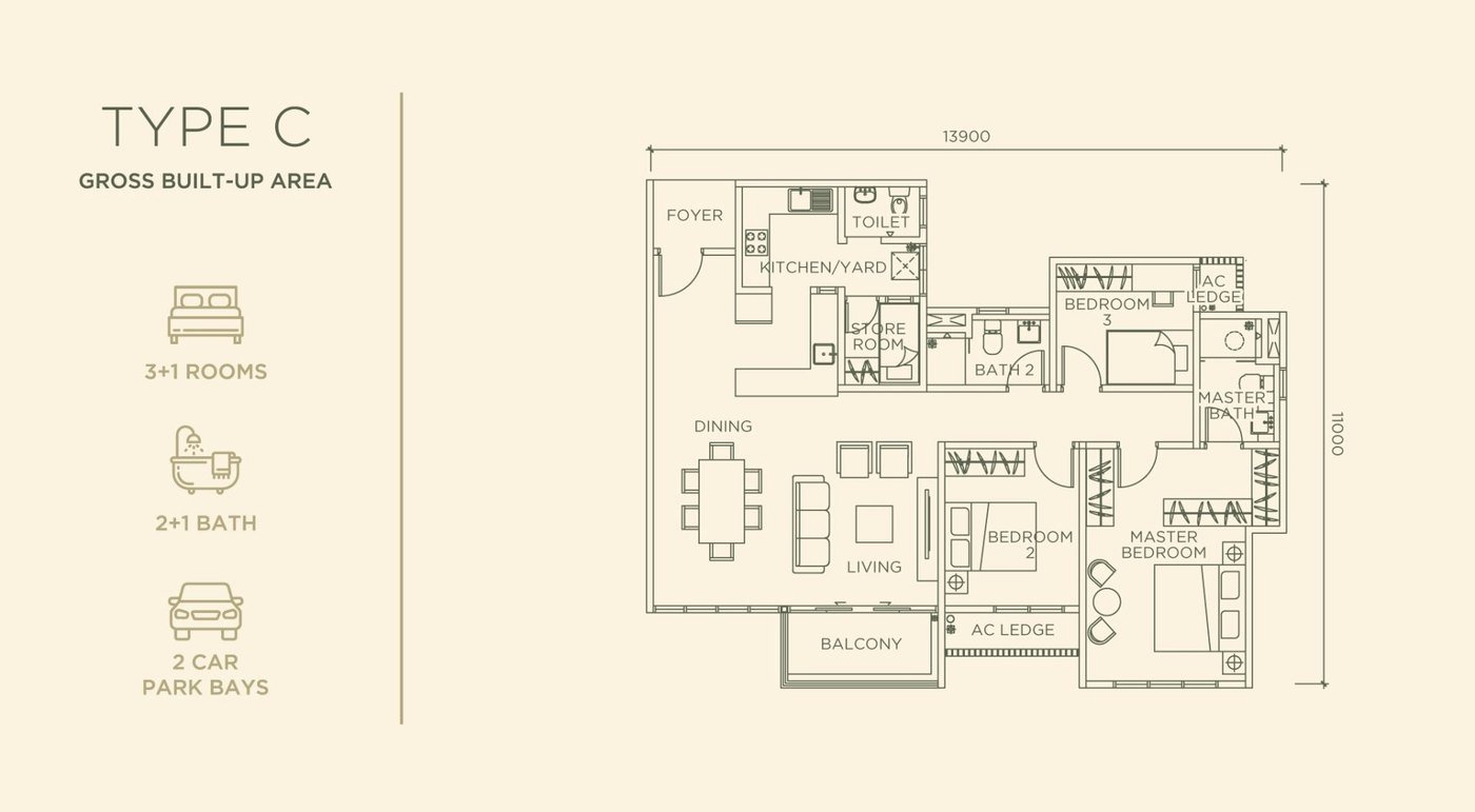 Floor plan, Linari Type C, 1,309 sq ft