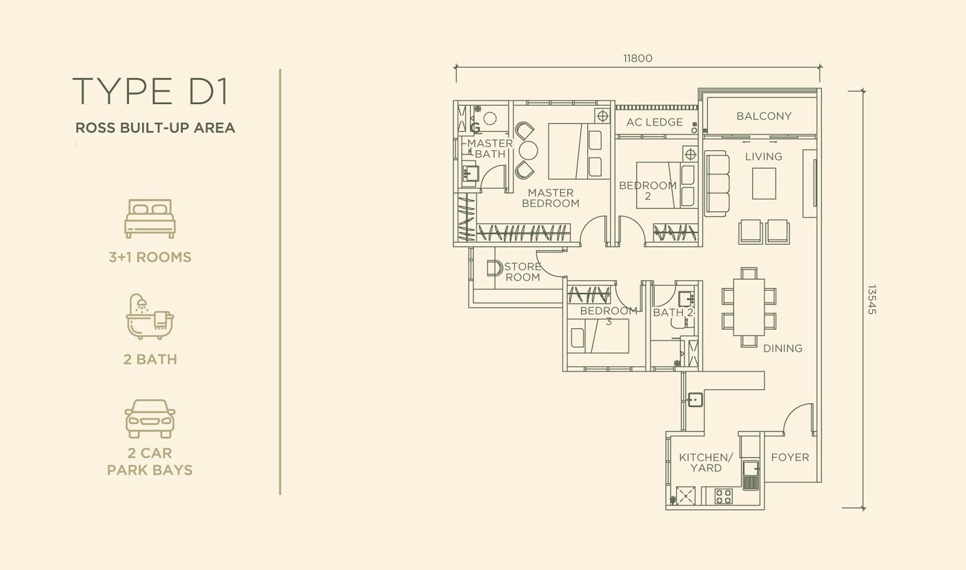 Floor plan, Linari Type D1, 1,201 sq ft